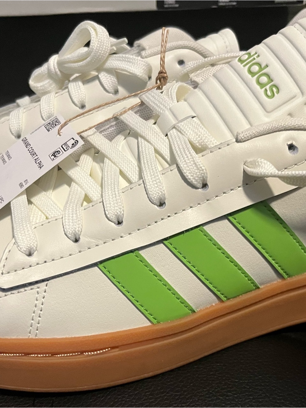 NWT Adidas Grand Court White Sneakers with Lime Green Stripes and Gum Sole